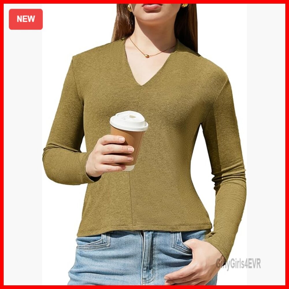 Slim Fit Long Sleeve V-Neck Ribbed Knit Top For Women